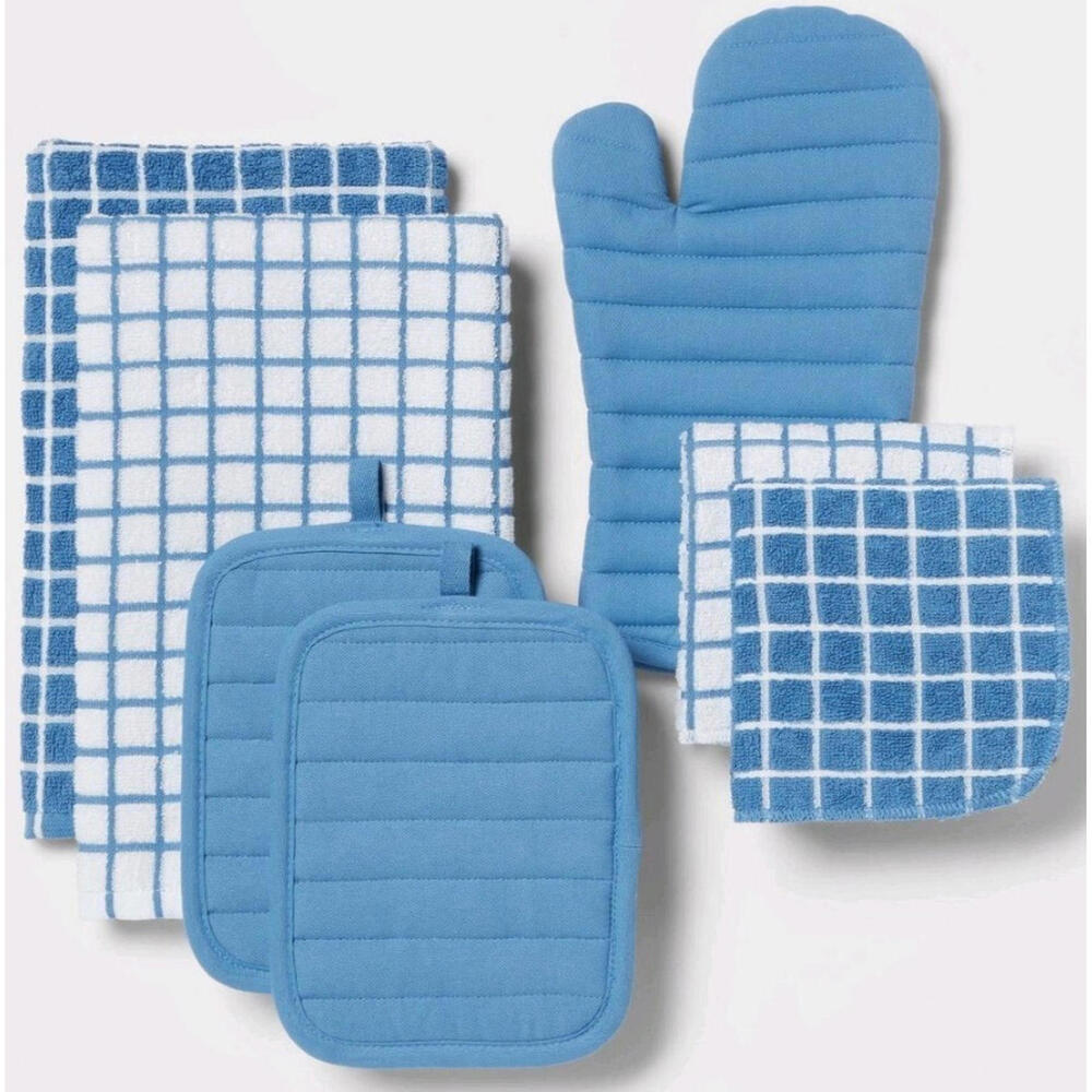 Kitchen Textile Set 7 pc Towels Dishcloths Potholders Mitt Blue Room Essentials